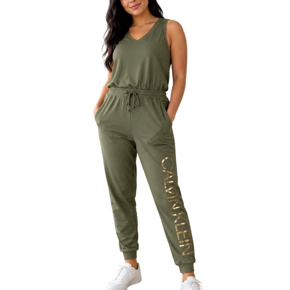 Calvin Klein Olive Gold Logo Jumpsuit M Sporty Luxe Athleisure